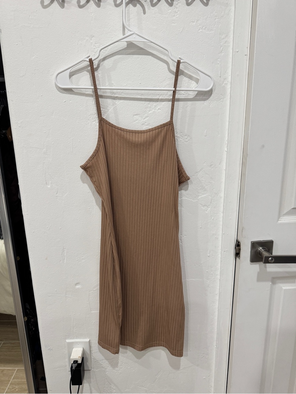 Ribbed Spaghetti-Strap Mini Dress in Brown
